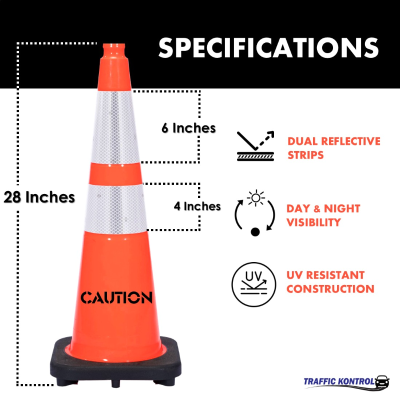 28 inch caution traffic safety cone 10 lbs orange 6 inch 4 inch hi intensity reflective collars 1